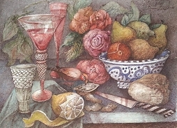 Obraz przedstawiający martwą naturę: owoce w misie, kwiaty, kieliszki z winem oraz ptaka dziobiącego nasiona