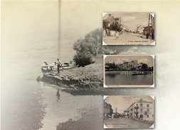 Plakat z reprodukcją 4 pocztówek zawierających miejskie panoramy Ostrołęki, w tle kolejne dwa zdjęcia przedwojennego dnia codziennego miasta