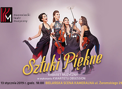 Plakat ze zdjęciem kwartetu w balowych sukienkach i z instrumentami w rękach: skrzypcami, altówką i wiolonczelą