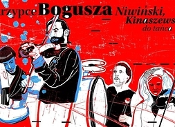 Plakat w formie graficznej przedstawiający muzyków ludowych grających na instrumentach