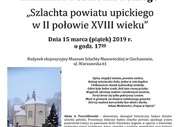 Plakat w formie graficznej zapraszający na prelekcję, zawierający zdjęcie kościoła w zimowej scenerii