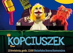 Plakat zapraszający do udziału w przedstawieniu, widoczne są na nim lalki grające w spektaklu