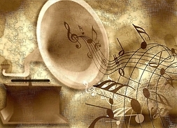 Zdjęcie w formie graficznej przedstawia gramofon i oraz nuty wydobywające się z instrumentu