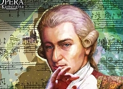 Plakat w formie graficznej przedstawiający W.A. Mozarta