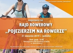 plakat informacyjny, zawiera podstawowe informacje na temat rajdu, w tle dwóch młodych ludzi na rowerach