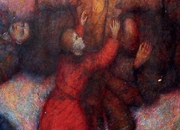 Obraz Wacława Piotrowskiego pt. Masakra w Wawrze, przedstawiający mężczyznę z rozłożonymi ramionami i przytulone do niego dzieci