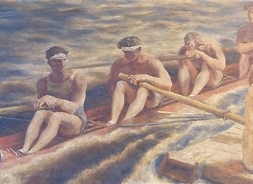 Obraz przedstawiający wioślarzy płynących łodzią