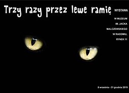 Plakat w formie graficznej zawierający zdjęcie głowy czarnego kota ze świecącymi w ciemności oczami