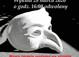 Plakat graficzny z maską przedstawiającą ptasią głowę