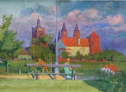Praca artystyczna Aleksego Kiriuszyna przedstawiająca ludzi odpoczywających na wałach Wiślanych, na drugim planie widnieje kościół.