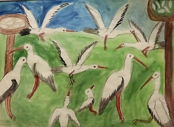 Rysunek przedstawiający stado bocianów na łące