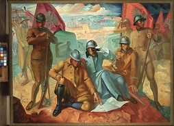 Obraz przedstawiający marszałka Józefa Piłsudskiego w otoczeniu towrzyszących mu żołnierzy. W tle panorama miasta.