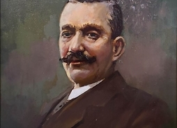 Portret namalowany przez artystę przedstawiający Wincentego Witosa. Mężczyzna z wąsami.
