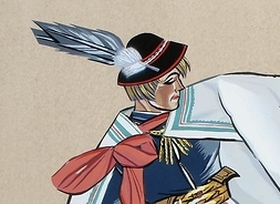 Rysunek przedstawiający tańczącego mężczyznę w stroju góralskim, z ciupagą w jednej ręce i kapeluszem na głowie.