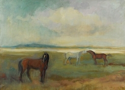 Obraz, na którym artysta uwiecznił pasące się na łące trzy konie.