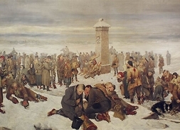 Obraz w zimowej scenerii, przedstawiający dużą grupę żołnierzy i cywilów na otwartej przestrzeni.