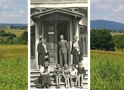 Okładka książki zawierająca archiwalne zdjęcie grupy osób, dorosłych oraz dzieci, wykonane przed wejściem do budynku.