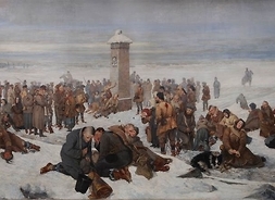 Obraz przedstawiający grupę zesłańców siedzących i stojących na śniegu. W tle widoczny jest słup graniczny.