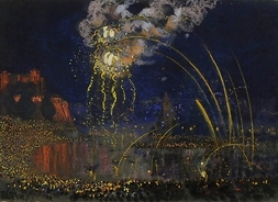 Obraz przedstawiający nocny pejzaż ukazujący zakole rzeki, na brzegu, stoją ludzie z płonącymi pochodniami. Nad wodą rozbłyskują fajerwerki.