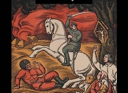Plakat w wersji graficznej, przedstawiający żołnierza z uniesioną w górę szablą, jadącego na koniu. Pod kopytami konia leży rosyjski żołnierz. Jeźdźca gestem uniesionej dłoni pozdrawia mężczyzna. Obok niego siedzi kobieta z dzieckiem na ręku, przy niej siedzi dziecko, kolejne leży w kołysce.