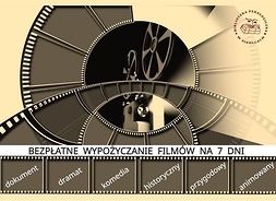 Plakat w formie graficznej zachęcający do wypożyczenia filmów DVD.