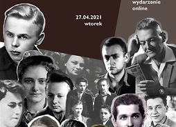 Plakat w formie graficznej zawierający archiwalne zdjęcia portretowe bohaterów Powstania Warszawskiego.