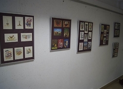 Trzy antyramy wiszące na ścianie, w których wyeksponowane są pocztówki