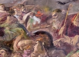 Fragment obrazu Wojciecha Weissa przedstawiający kłębiący się tłum ludzi.