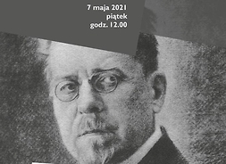 Plakat zwierający archiwalne zdjęcie portretowe przedstawiające Władysława Reymonta, mężczyznę w okularach.