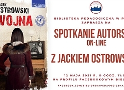 Plakat w formie graficznej zawierający zdjęcie okładki książki Jacka Ostrowskiego przedstawiające dziewczynę w zimowym płaszczu stojącą przed telewizorem, w którym emitowane jest przemówienie Wojciecha Jaruzelskiego.
