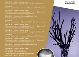 Plakat w formie graficznej zawierający program Nocy Muzeów oraz archiwalne zdjęcie portretowe Krzysztofa Kamila Baczyńskiego a także zdjęcie drzewa - pomnika