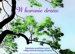 Plakat w formie graficznej, zawierajacy rusynek korony drzewa z liśćmi.