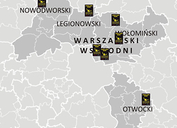 Mapka ilustrująca rozmieszczenie czarnych punktów w subregionie warszawskim wschodnim