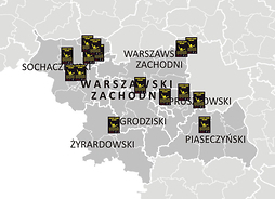 Mapka ilustrująca rozmieszczenie czarnych punktów w subregionie warszawskim zachodnim