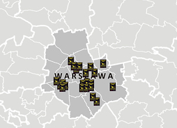 Mapka ilustrująca rozmieszczenie czarnych punktów na terenie Warszawy