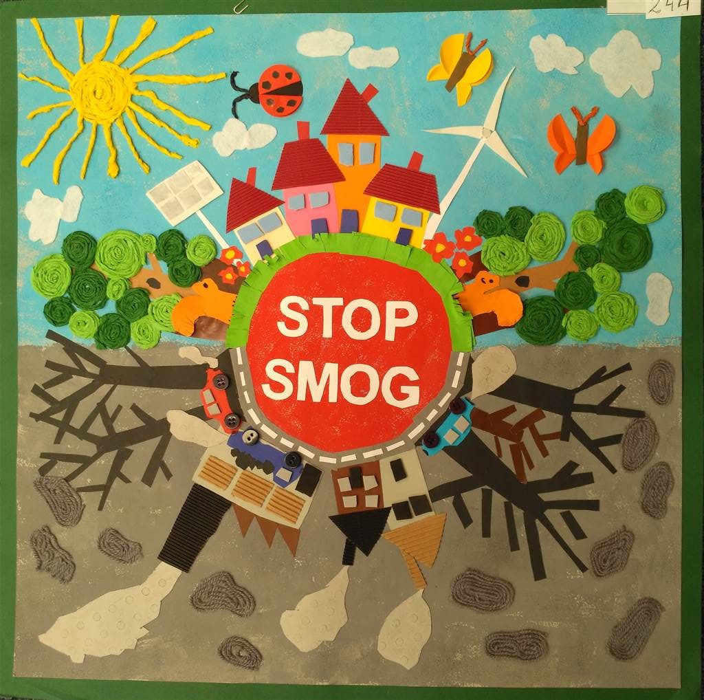 Rysunek konkursowy przedstawiający czystą przyrodę i brudną przyrodę oraz w centrum hasło "Stop smog"